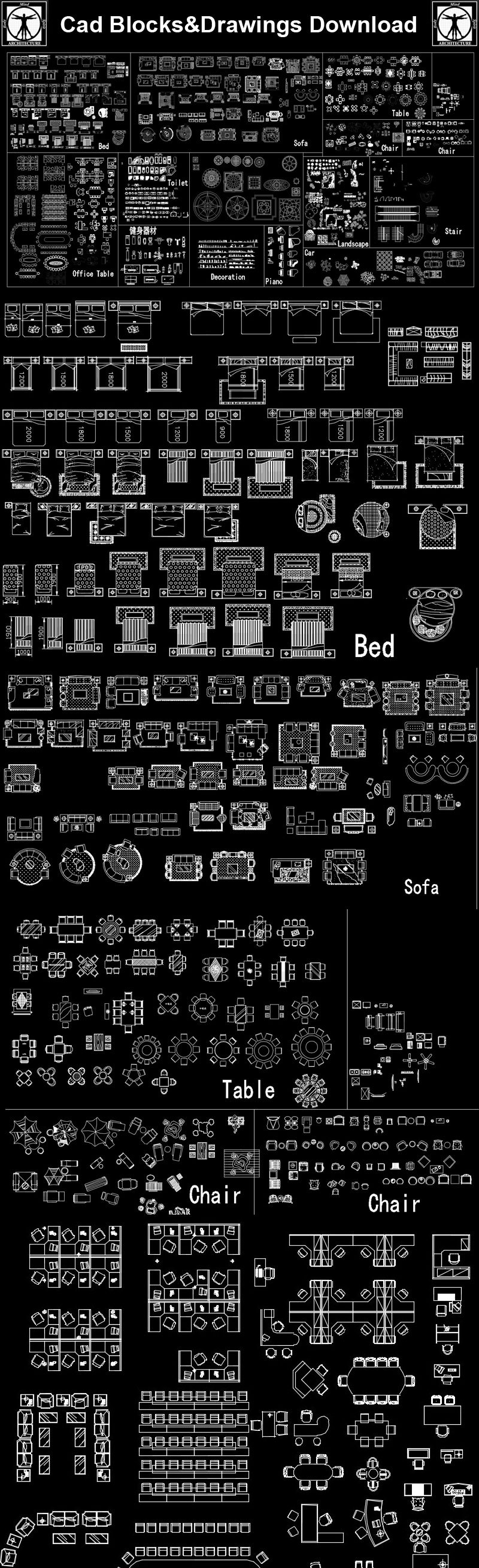 Furniture blocks and elevation ,Sofa,Chair,Cabinet,Appliances Library,Doors & Windows design,Lighting Library,CAD Accessories,Plant Symbols,Landscape Design Blocks,Statues,Ceiling Design,Neoclassical Interiors